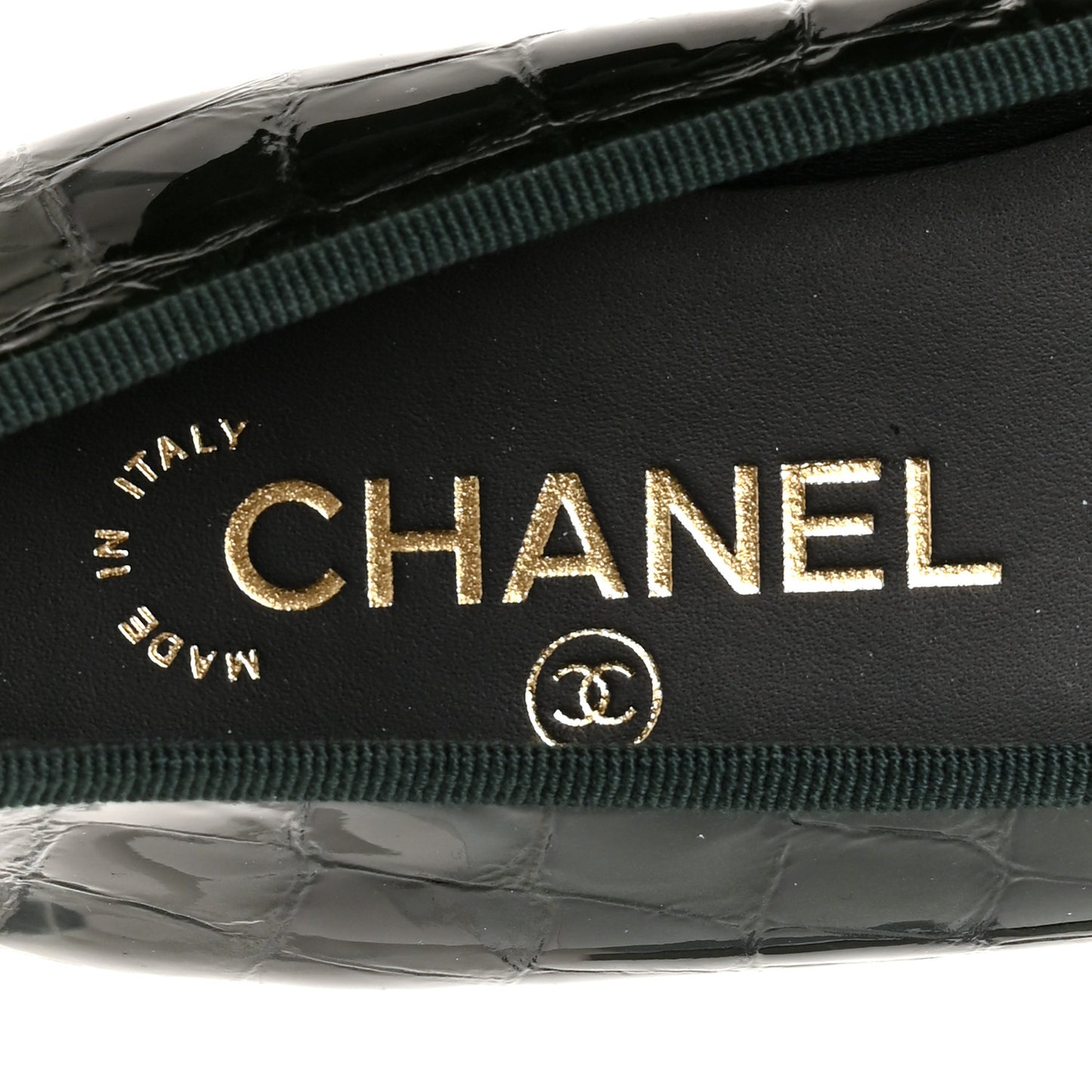 Patent Calfskin Crocodile Embossed Ballerina Flats 36.5 Dark Green Black