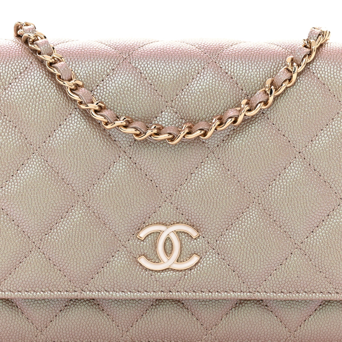 Iridescent Caviar Quilted Wallet on Chain WOC Beige