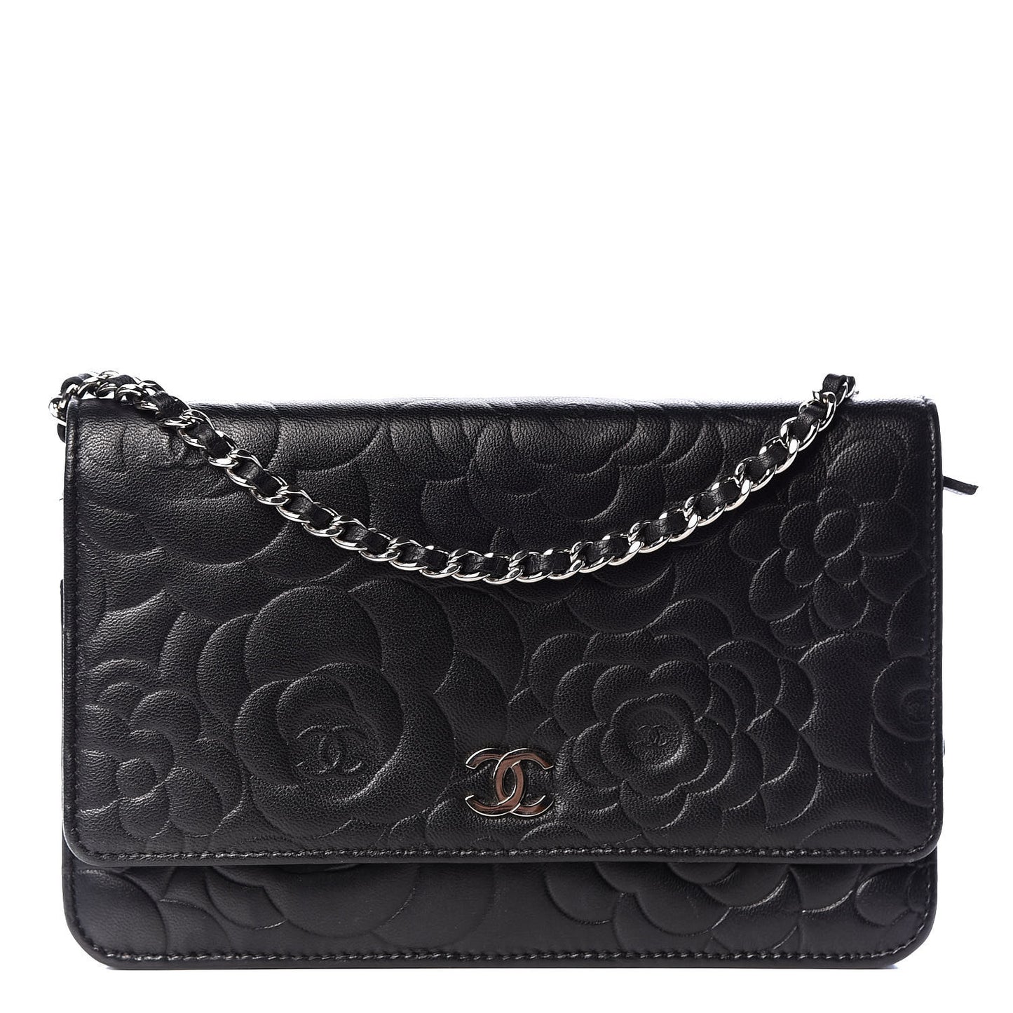 Lambskin Camellia Embossed Wallet on Chain WOC Black