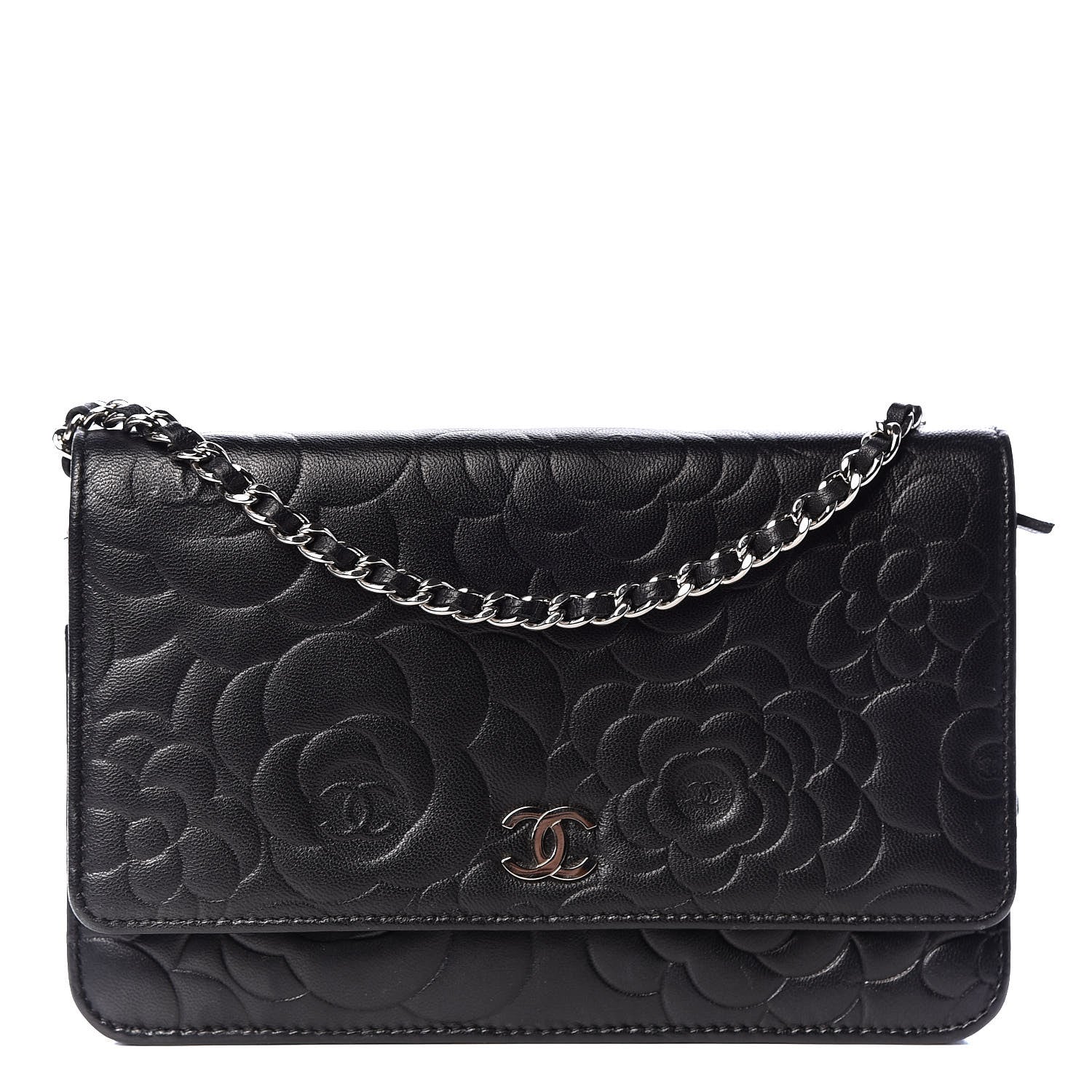 Chanel Lambskin Camellia Embossed Wallet on Chain WOC Black 1 of 11