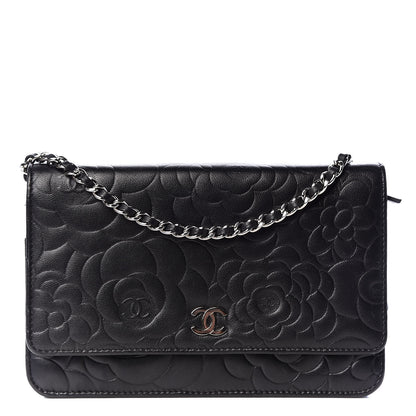 Chanel Lambskin Camellia Embossed Wallet on Chain WOC Black 1 of 11