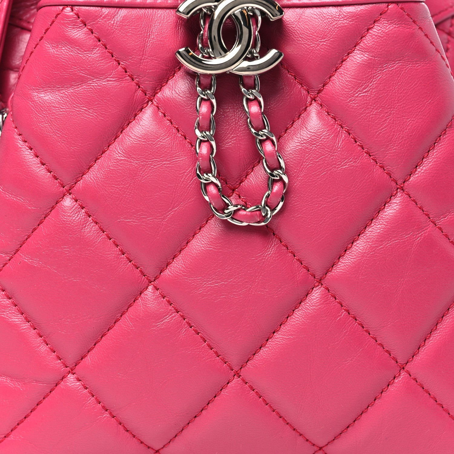 Chanel Crumpled Calfskin Quilted Chain All Over Drawstring Bucket Bag Pink 8 of 10