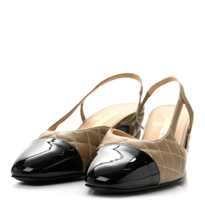 Chanel Lambskin Patent Calfskin Quilted Cap Toe CC Slingback Pumps 37.5 Beige Black 4 of 9