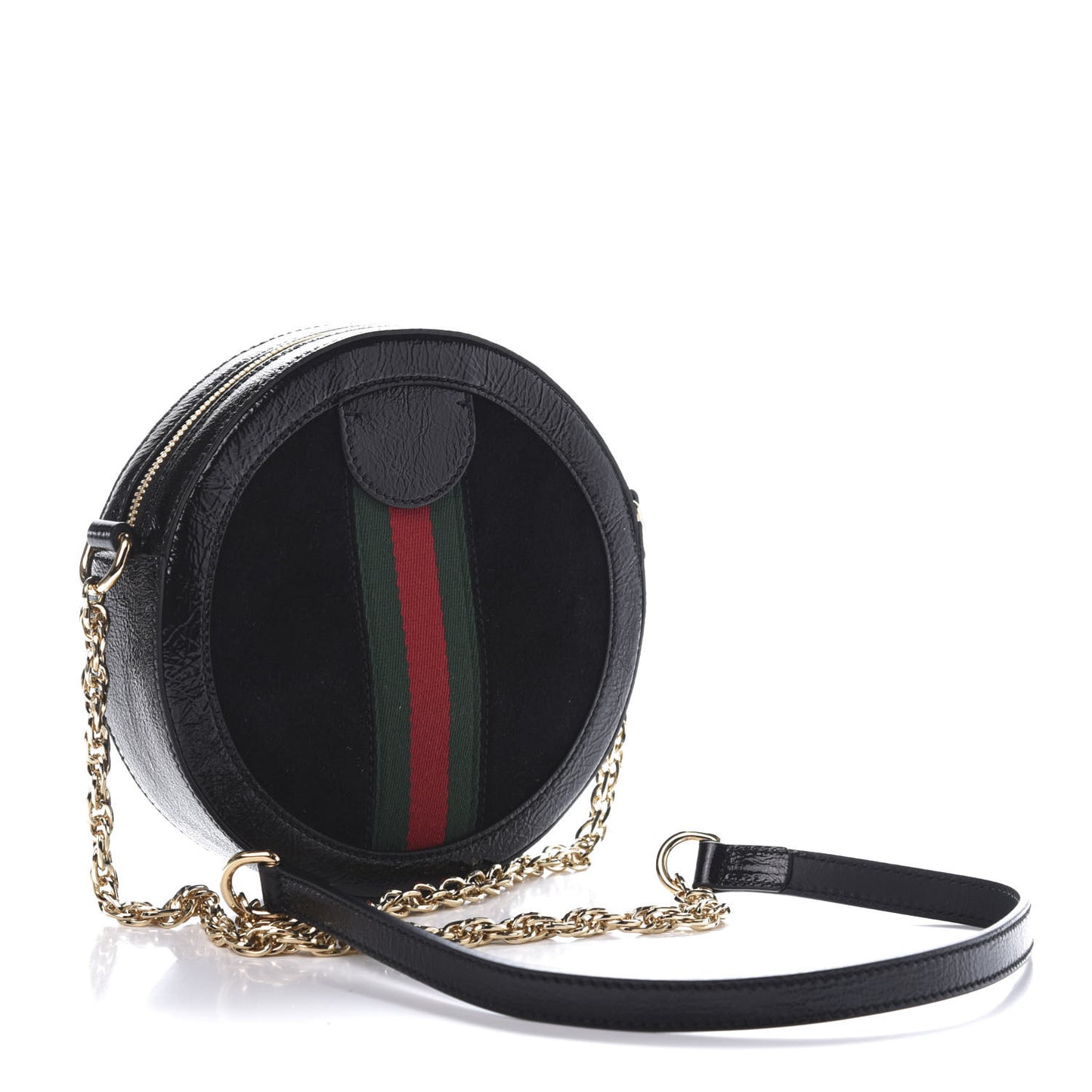 Suede Patent Web Mini Ophidia Round Shoulder Bag Black