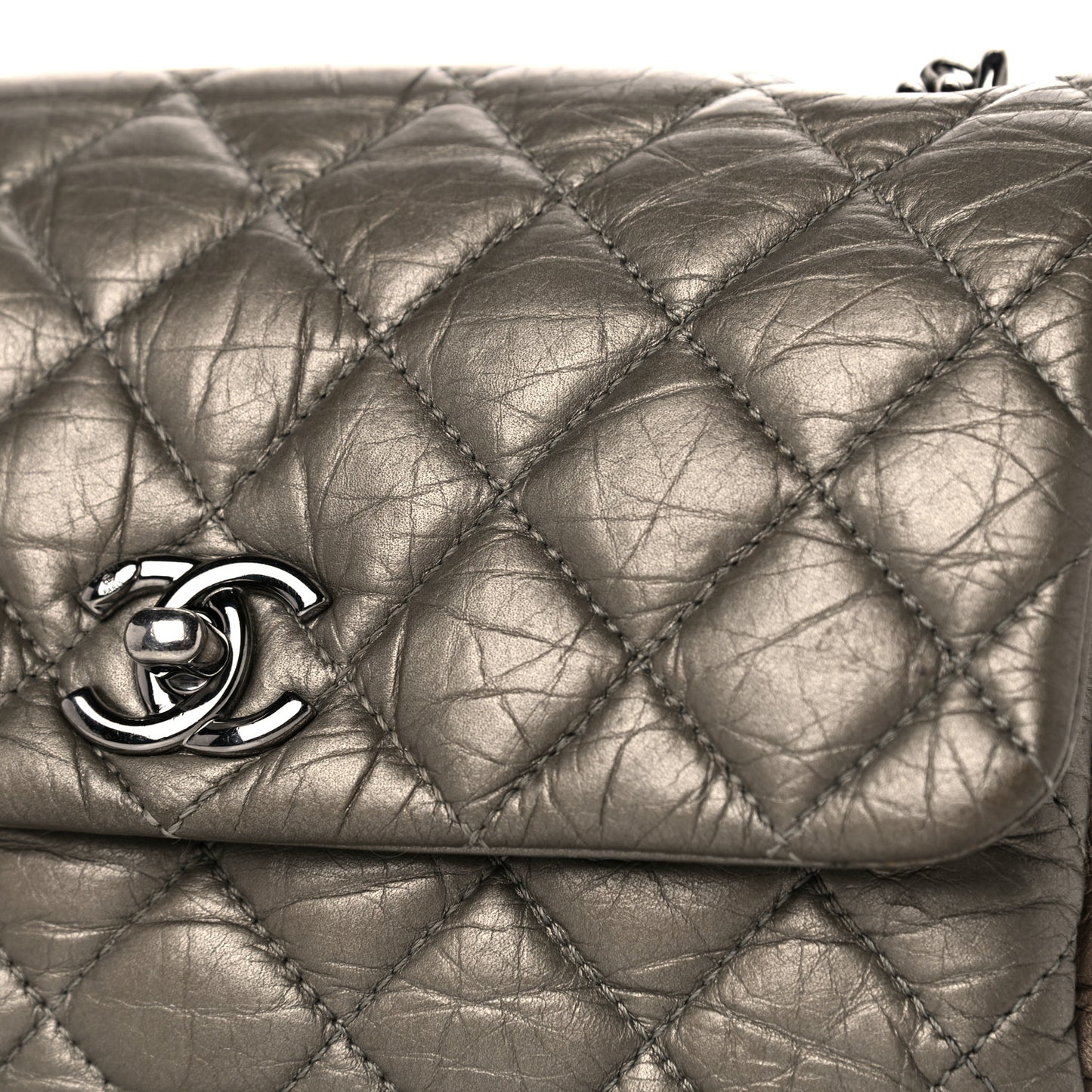 Metallic Aged Calfskin Quilted Small Flap Gold