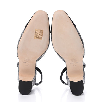 Chanel Tweed Cap Toe CC Slingback Pumps 36 Black Grey 5 of 9