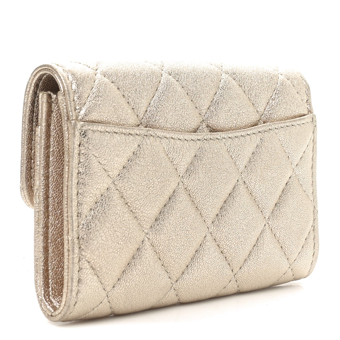 Metallic Lambskin Quilted Flap Card Holder Wallet Gold