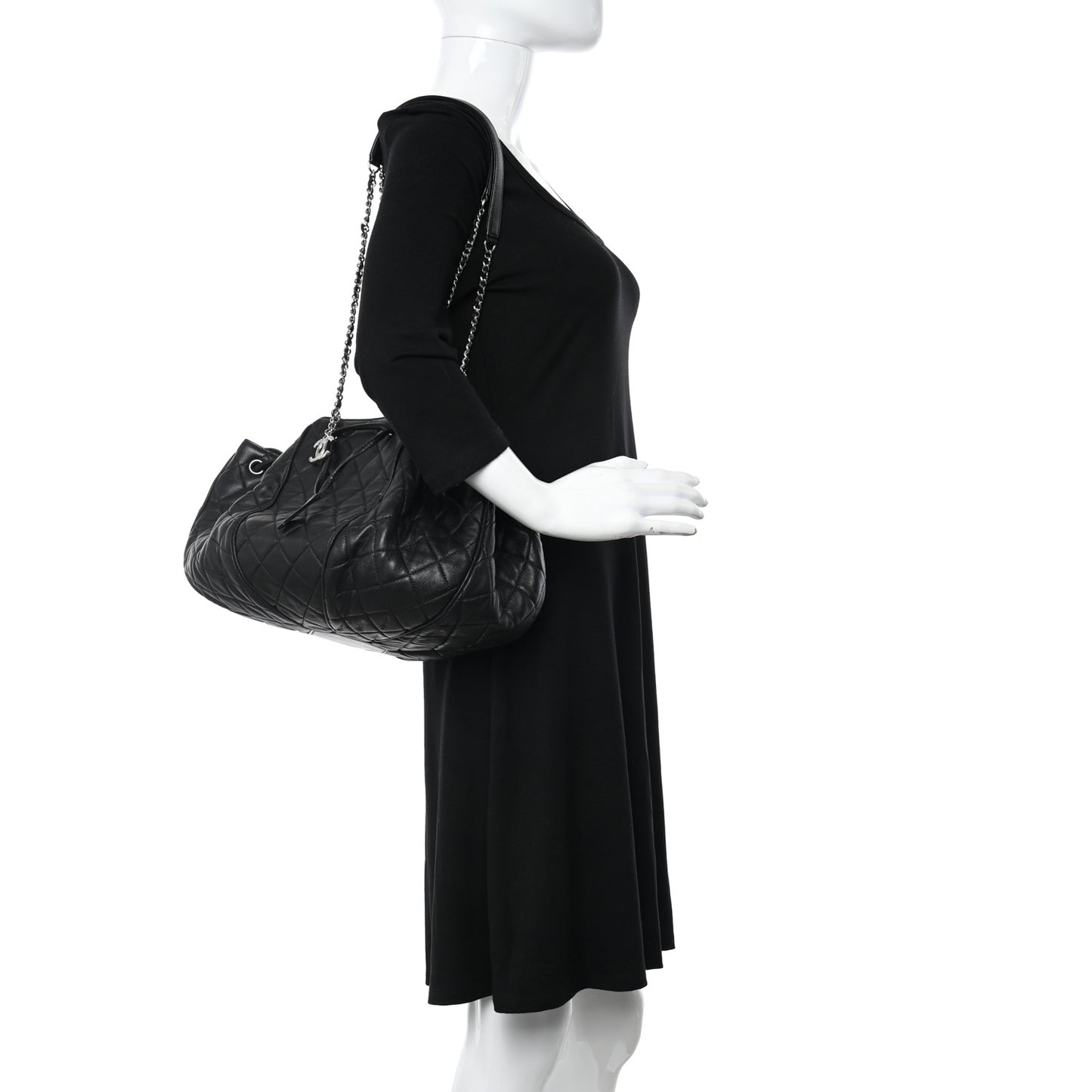 Calfskin Quilted Drawstring Sac Cordon Bag Black