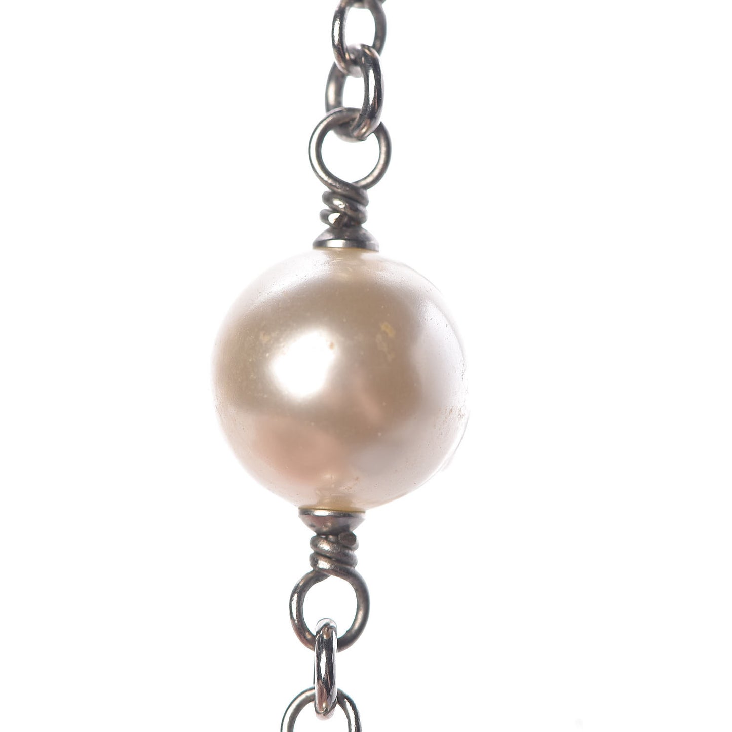 Graduated Pearl Crystal CC Long Necklace Silver Pearly White