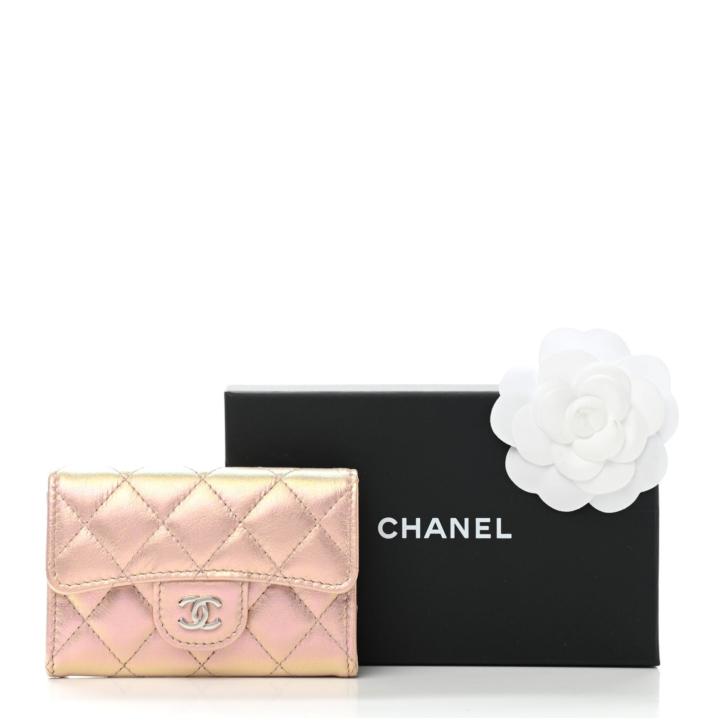 Iridescent Calfskin Quilted Flap Card Holder Wallet Pink