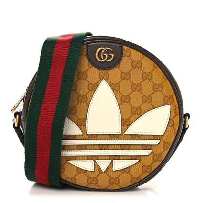 Gucci X ADIDAS Crystal Vintage Monogram Textured Dollar Calfskin Web Trefoil Small Ophidia Round Shoulder Bag Mid Natural Nut Off White New Acero 1 of 10