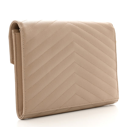 Saint Laurent Grain De Poudre Matelasse Chevron Monogram Envelope Clutch Dark Beige 3 of 8