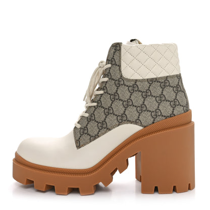 Gucci Calfskin GG Supreme Monogram Nappa Quilted Lace Up Ankle Boots 41 Mystic White Beige 1 of 9