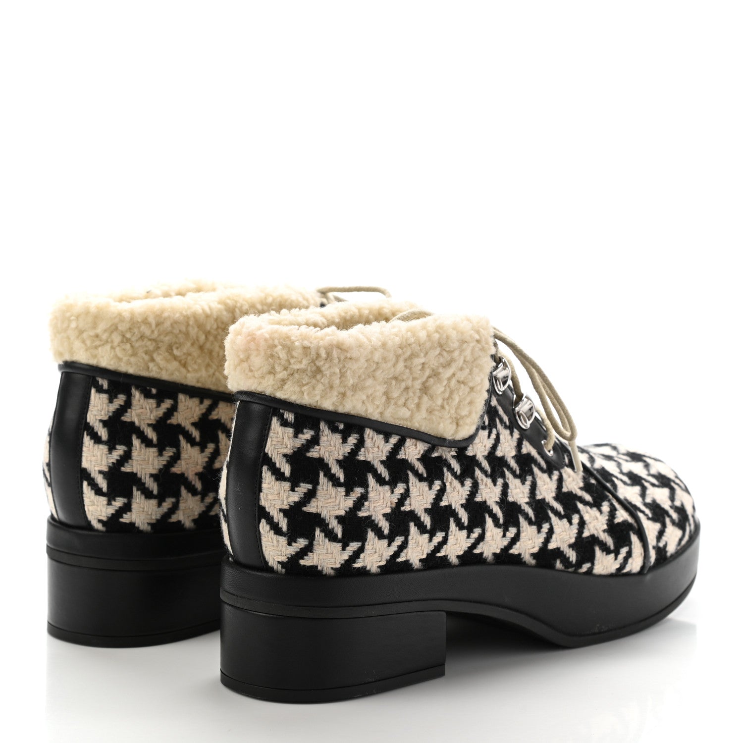 Gucci Optical Tweed Faux Shearling Houndstooth Victor Lace Up Ankle Boots 38 White Black 4 of 8