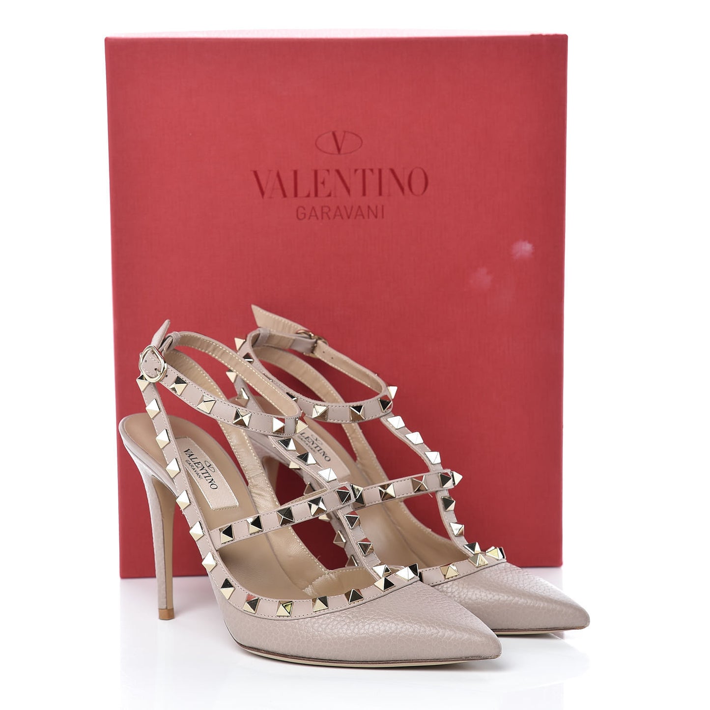 Pebbled Calfskin Rockstud Ankle Strap 100mm Pumps 37.5 Poudre