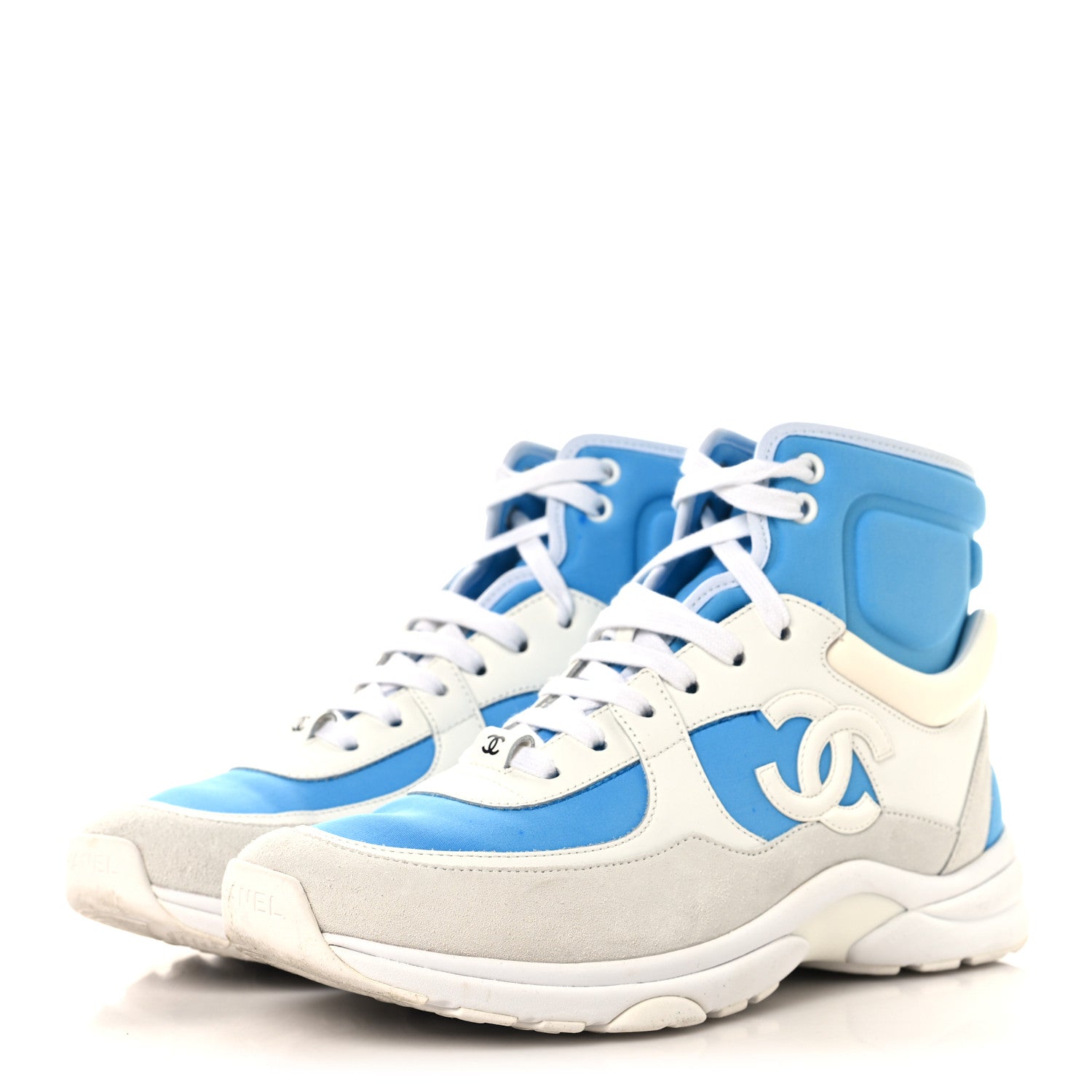 Chanel Suede Calfskin Lambskin High Top CC Sneakers 39 White Blue 4 of 8