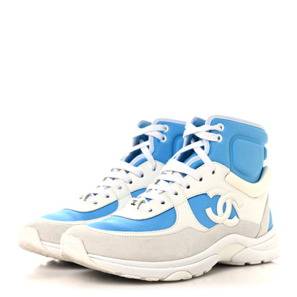 Chanel Suede Calfskin Lambskin High Top CC Sneakers 39 White Blue 4 of 8