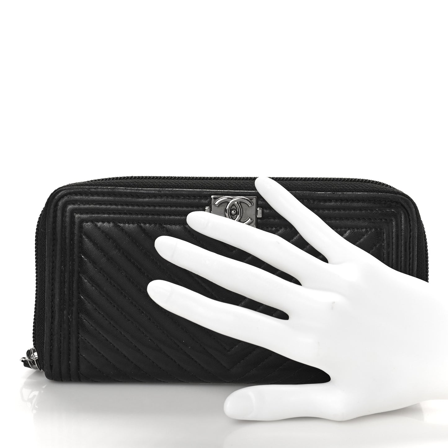 Calfskin Chevron Zip Around Boy Wallet Black