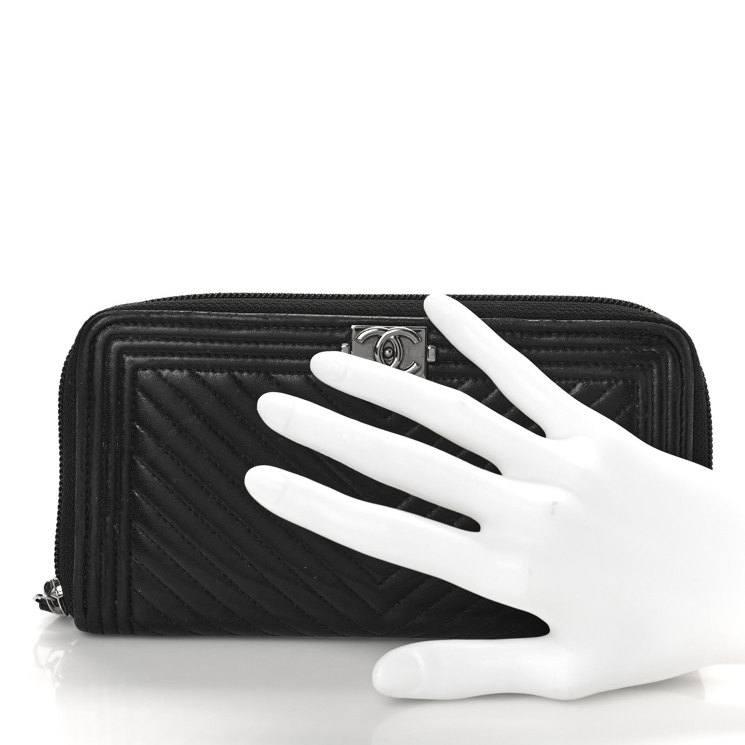 Chanel Calfskin Chevron Zip Around Boy Wallet Black 2 of 9