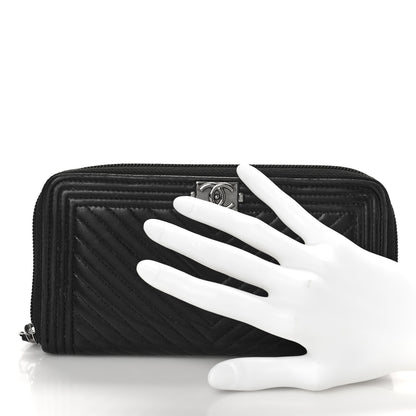 Chanel Calfskin Chevron Zip Around Boy Wallet Black 2 of 9