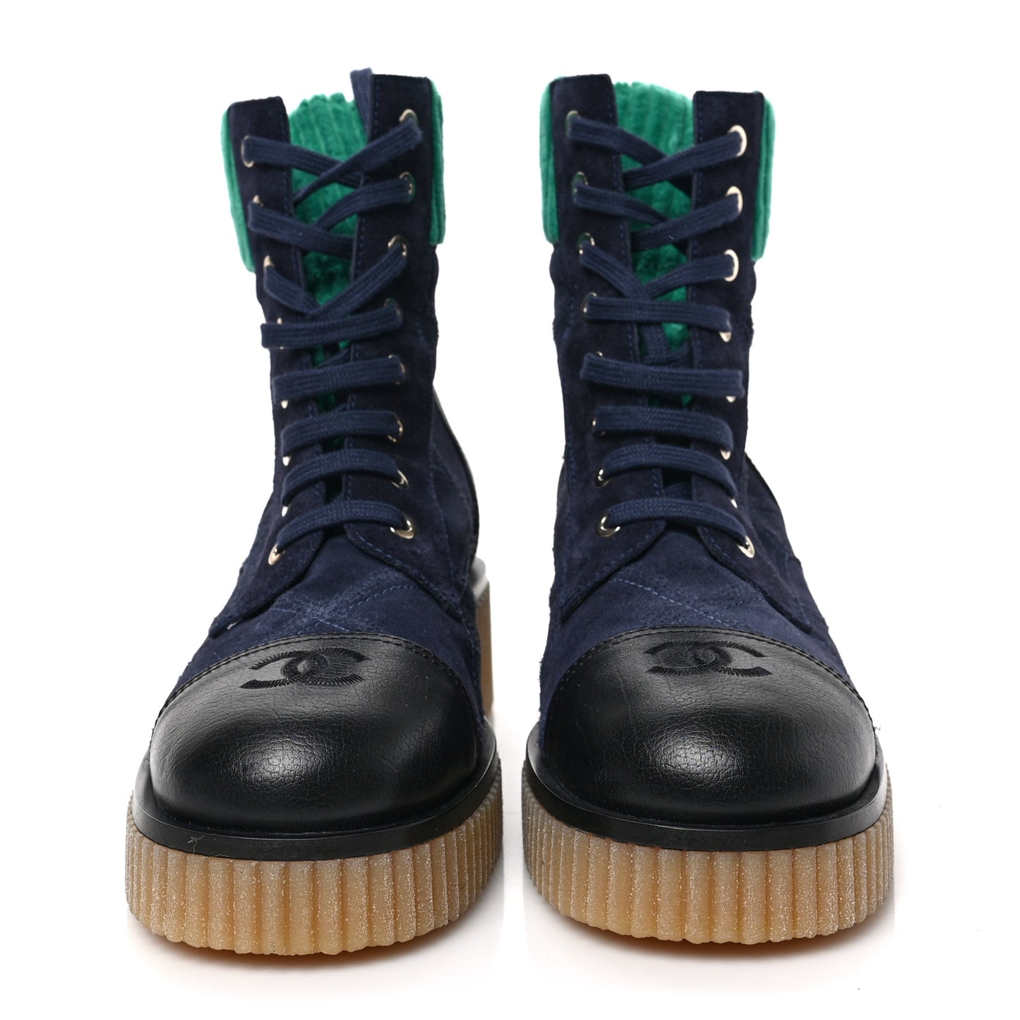 Suede Calfskin Velvet Quilted CC Combat Boots 38.5 Navy Green Black