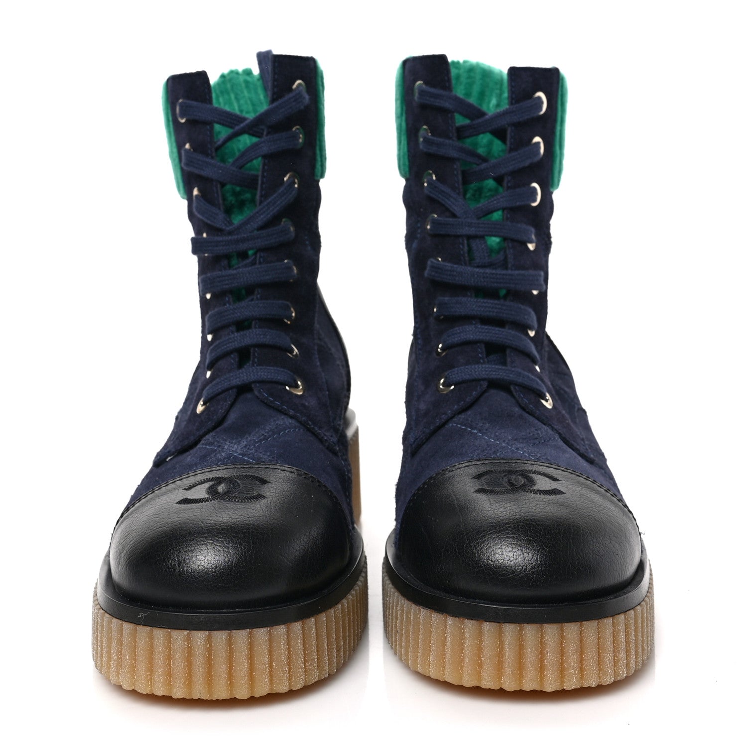 Chanel Suede Calfskin Velvet Quilted CC Combat Boots 38.5 Navy Green Black 2 of 7