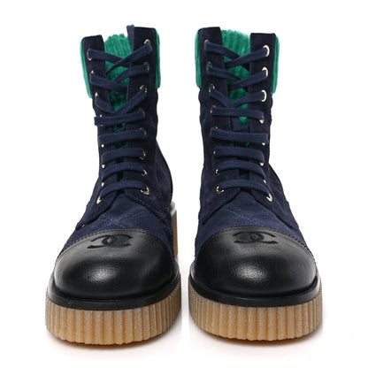 Chanel Suede Calfskin Velvet Quilted CC Combat Boots 38.5 Navy Green Black 2 of 7