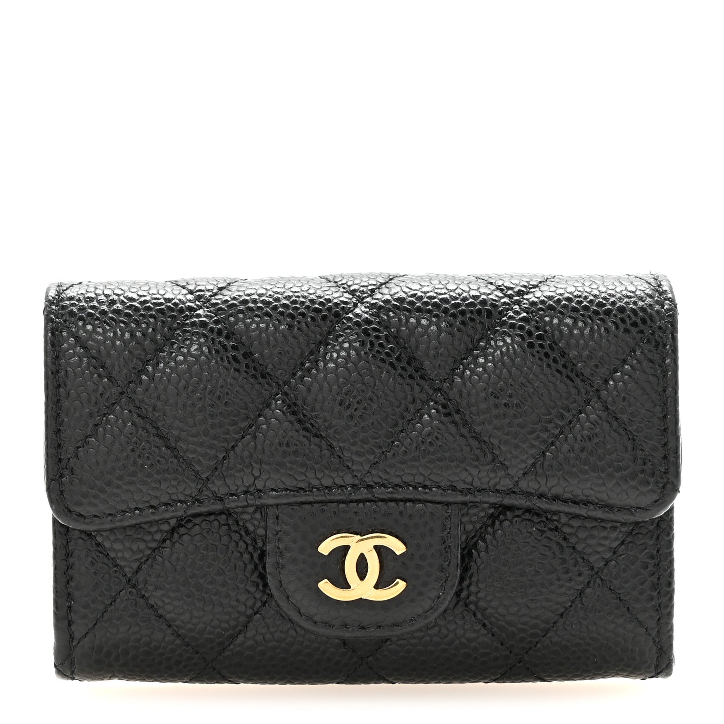 Caviar Quilted Flap Card Holder Wallet Black
