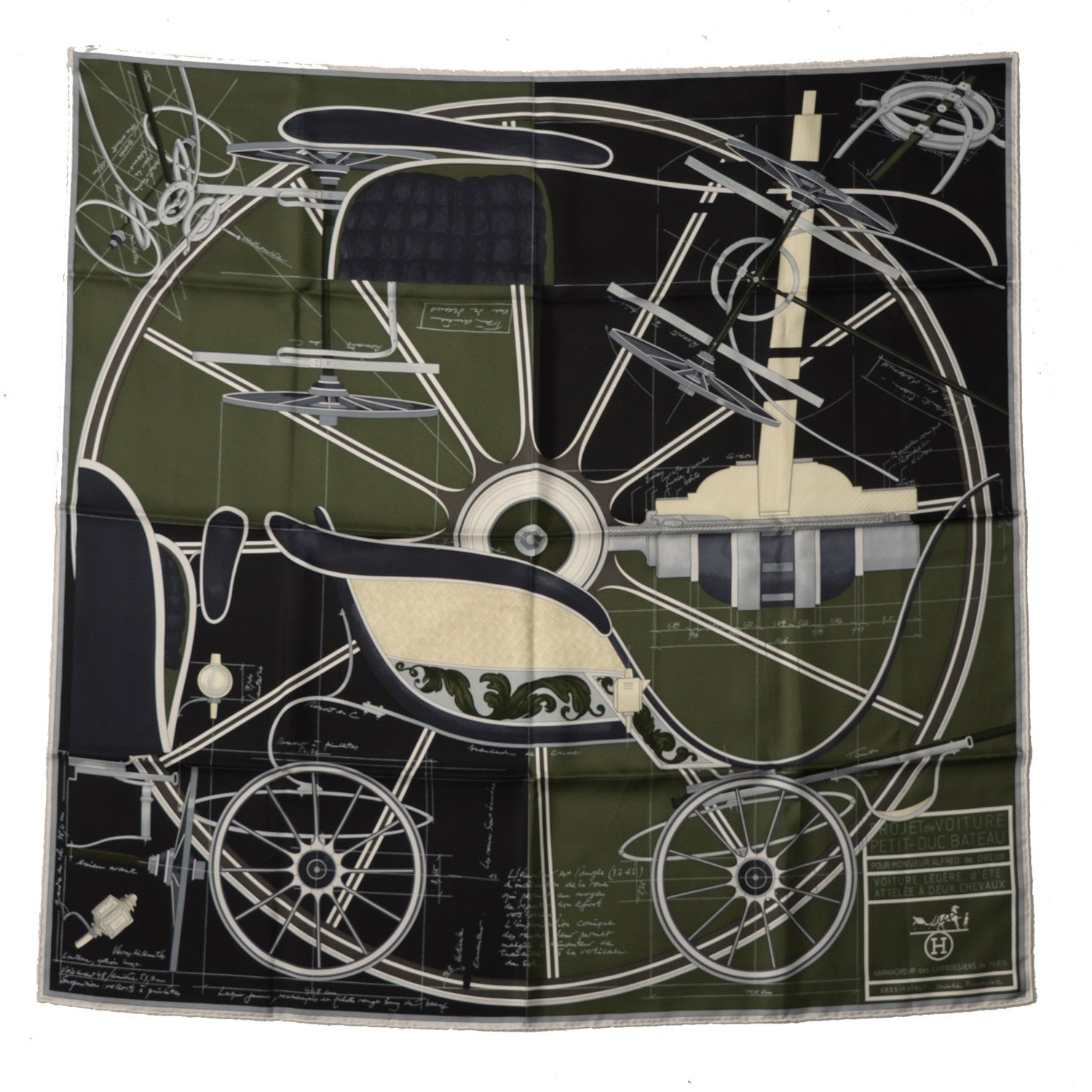 Hermes Silk Petit Duc Scarf 90 Noir Kaki Creme 2 of 4