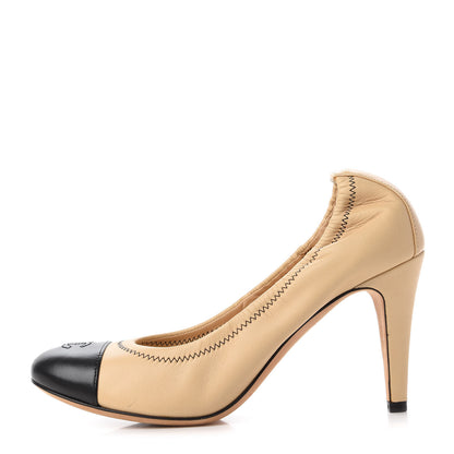 Chanel Lambskin Elastic Cap Toe Pumps 38 Beige Black 1 of 9
