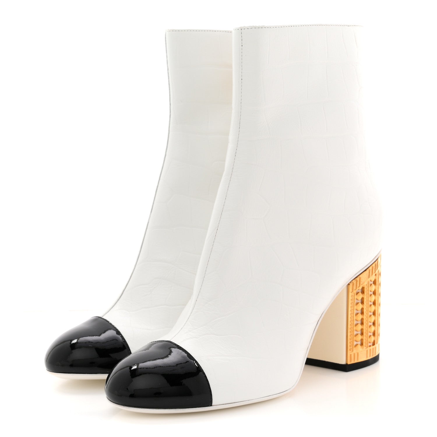 Chanel Calfskin Crocodile Embossed Patent Cap Toe Metiers D'Art Ankle Boots 36 White Black 4 of 12