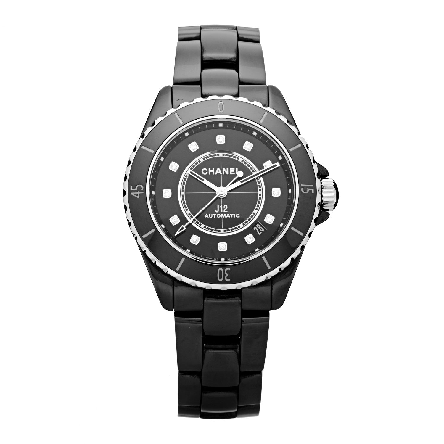 Chanel Stainless Steel Ceramic Diamond 38mm J12 Automatic Watch Black 1 of 4