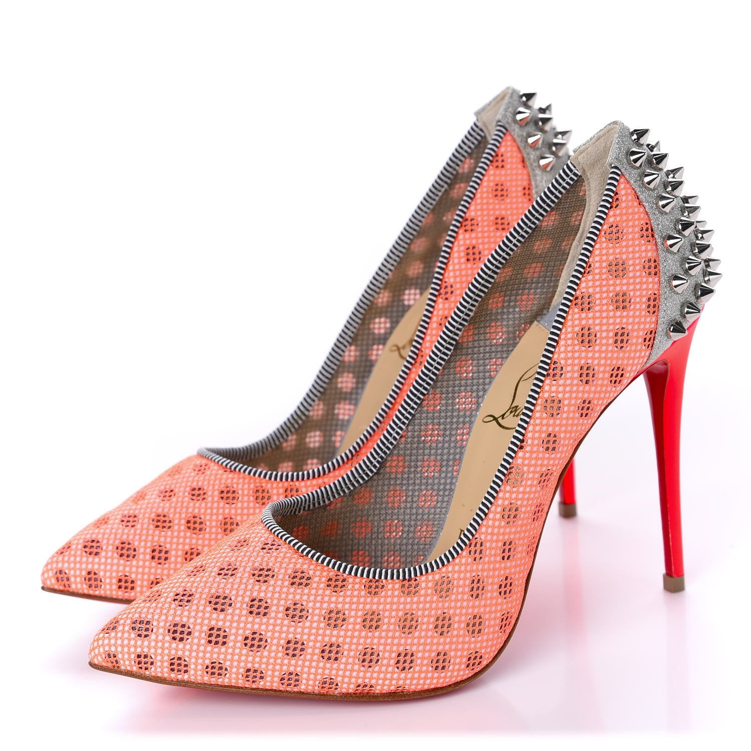 Christian Louboutin Matt Pattent Mesh Glitter Sporty 100 Spike Pumps 36.5 Orange Fluo 3 of 12