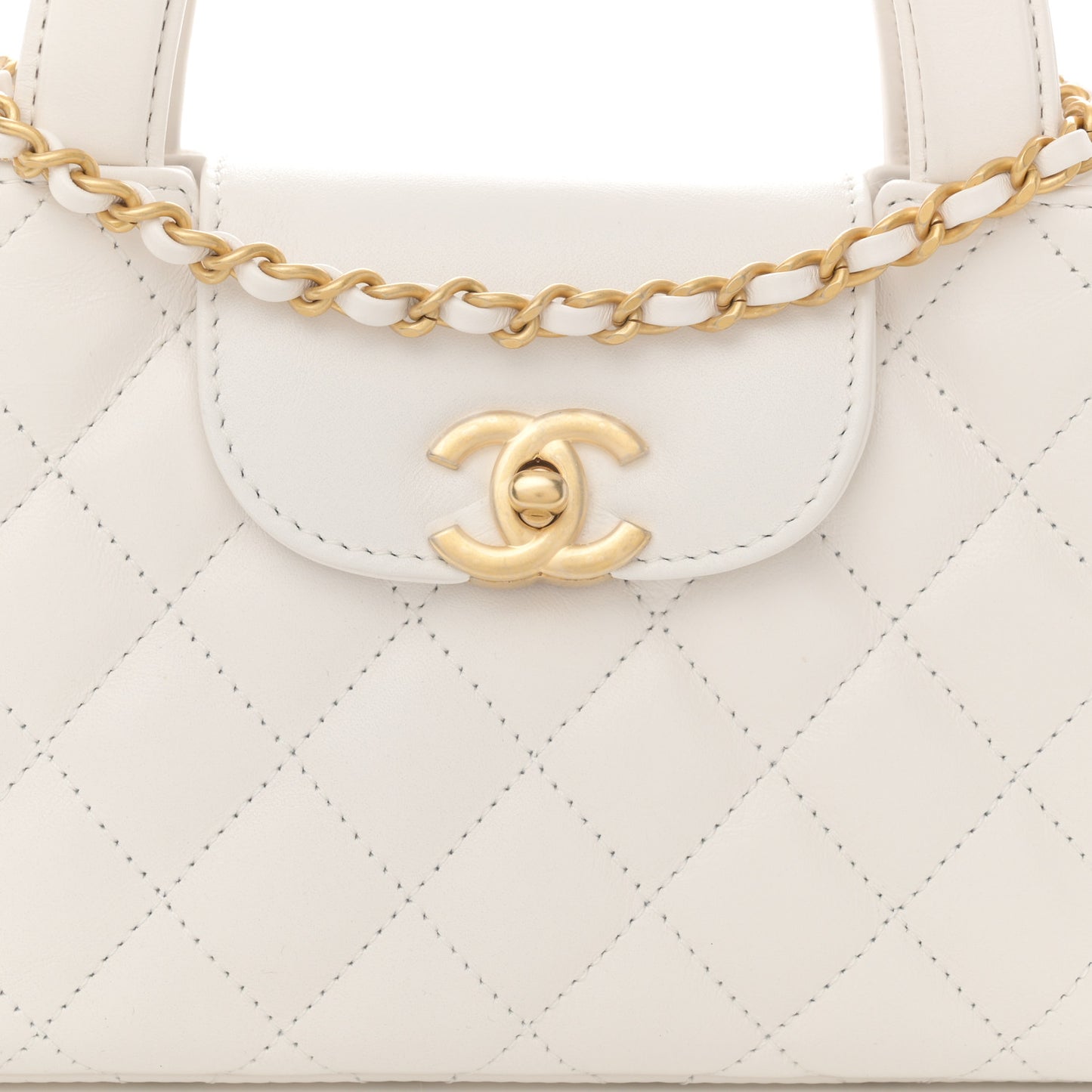 Shiny Aged Calfskin Quilted Nano Kelly Shopper White