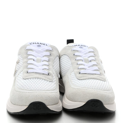 Chanel Calfskin Mesh Lycra Suede Womens Logo Sneakers 38 White Ivory Black 2 of 7