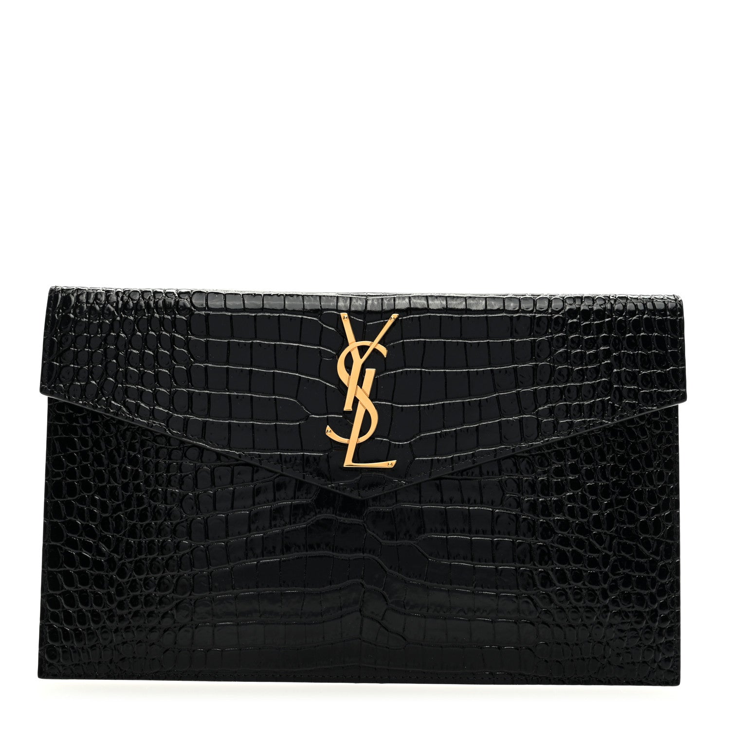 Saint Laurent Calfskin Crocodile Embossed Uptown Monogram Pouch Black 1 of 6