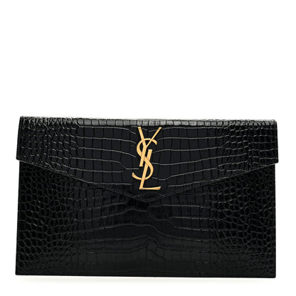 Saint Laurent Calfskin Crocodile Embossed Uptown Monogram Pouch Black 1 of 6