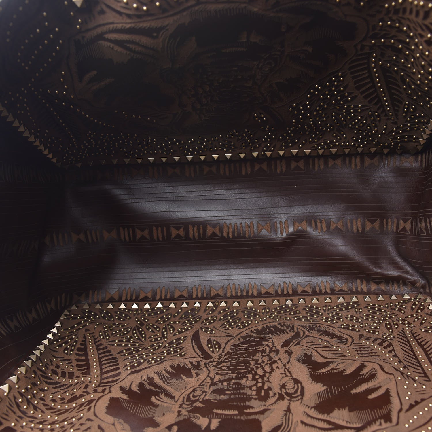 Valentino Garavani Calfskin Canvas Elephant Embossed Medium Rockstud Reversible Tote Brown 7 of 16