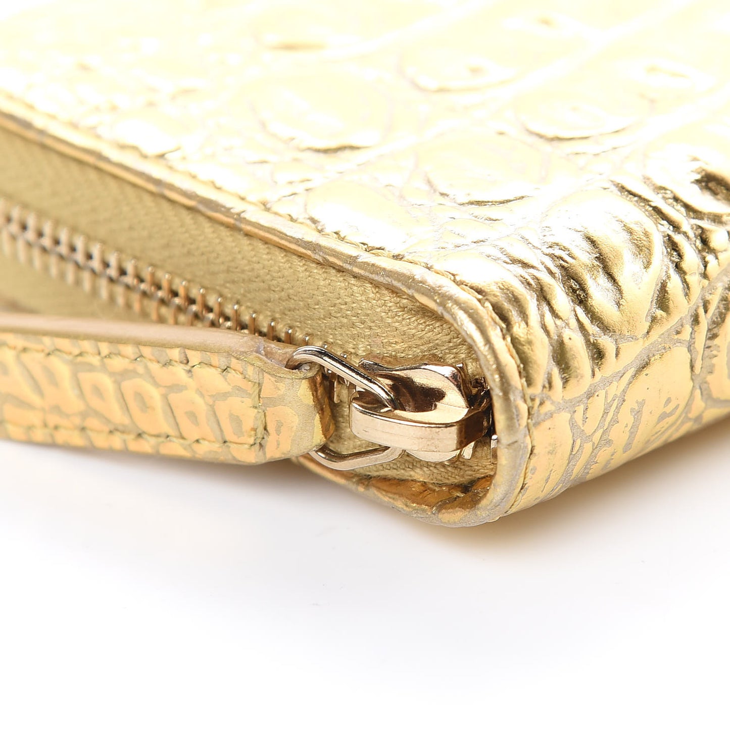 Metallic Calfskin Crocodile Embossed Cocodile Zip Coin Case Gold