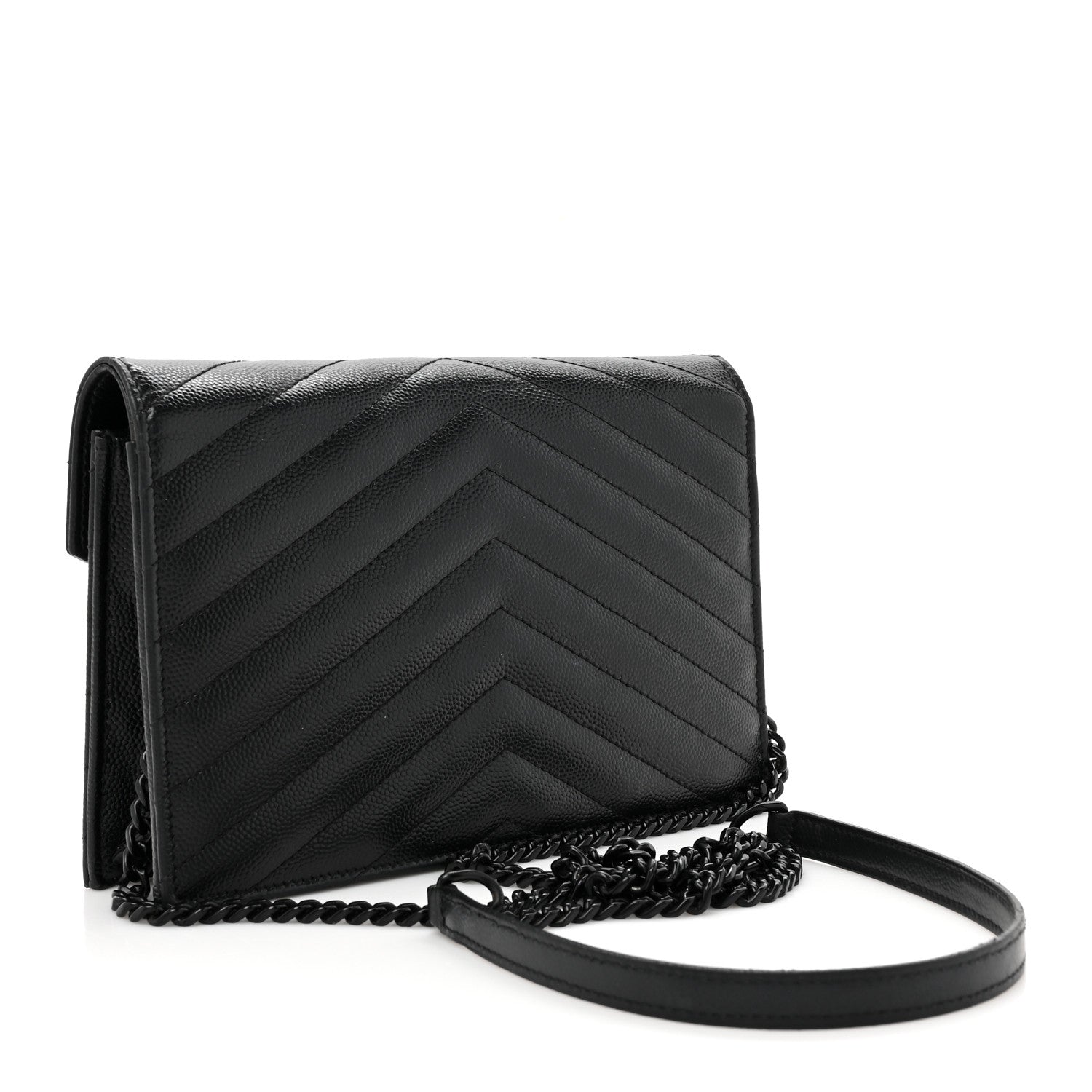 Saint Laurent Grain De Poudre Matelasse Chevron Monogram Monochrome Envelope Chain Wallet Black 3 of 13
