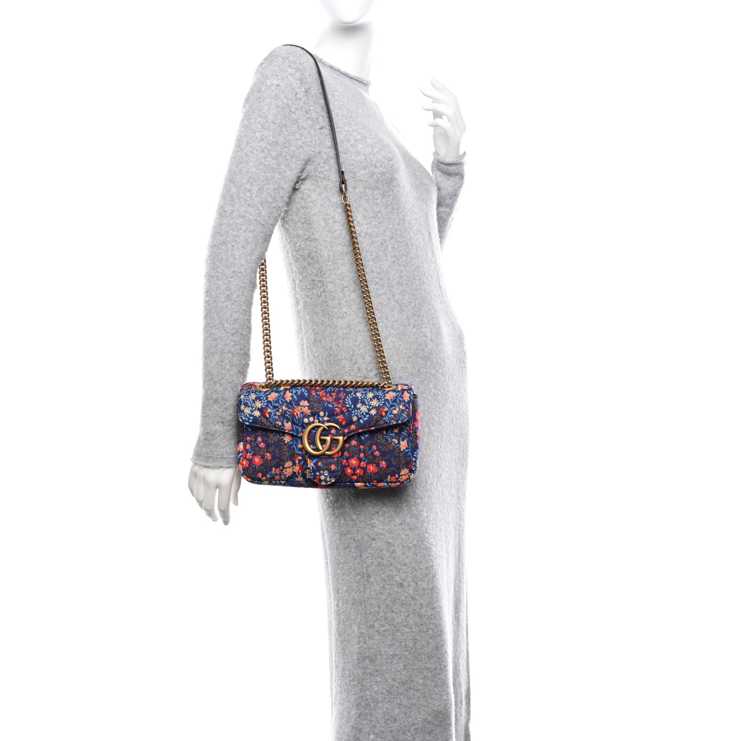 Cotton Calfskin Matelasse Floral Print Small GG Marmont Shoulder Bag Blue Red Deep Ocean Blue