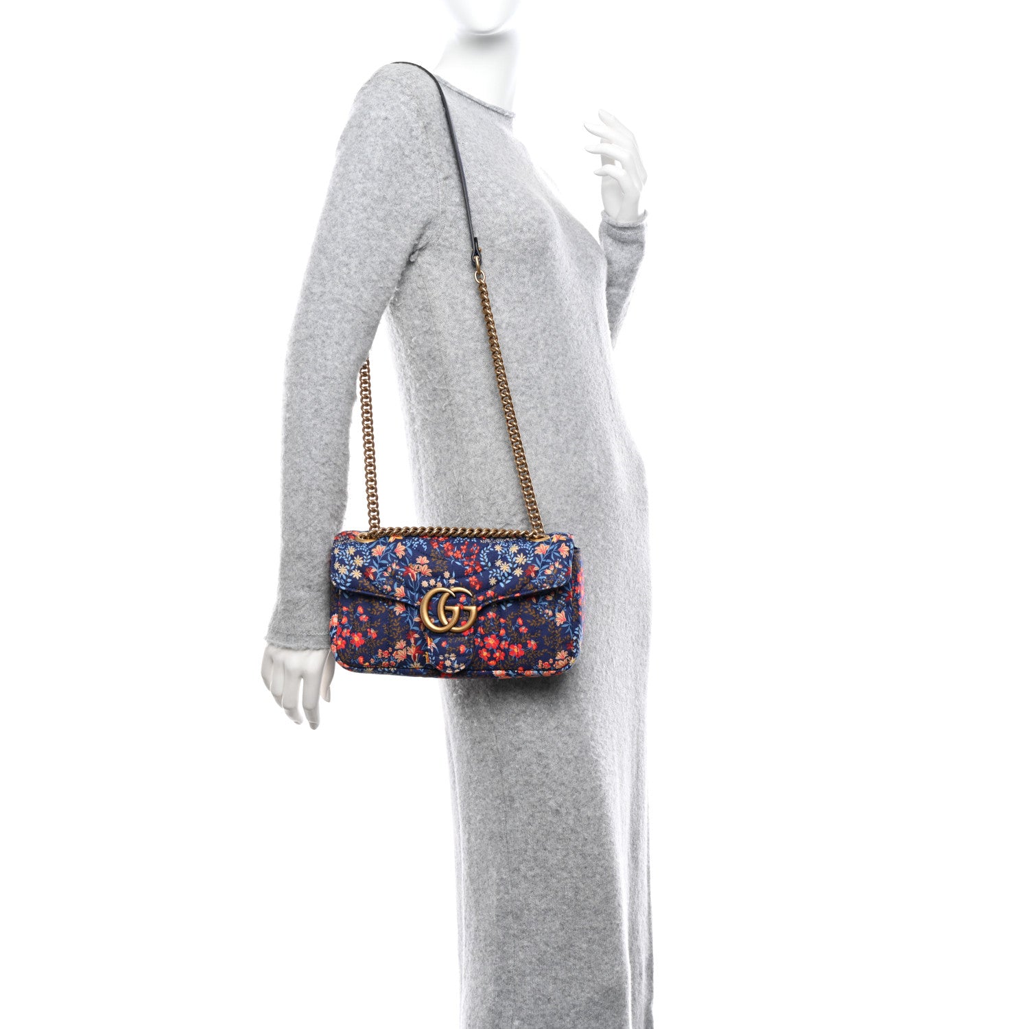 Gucci Cotton Calfskin Matelasse Floral Print Small GG Marmont Shoulder Bag Blue Red Deep Ocean Blue 2 of 10