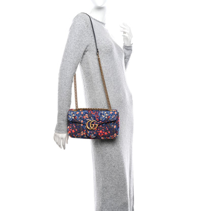 Gucci Cotton Calfskin Matelasse Floral Print Small GG Marmont Shoulder Bag Blue Red Deep Ocean Blue 2 of 10