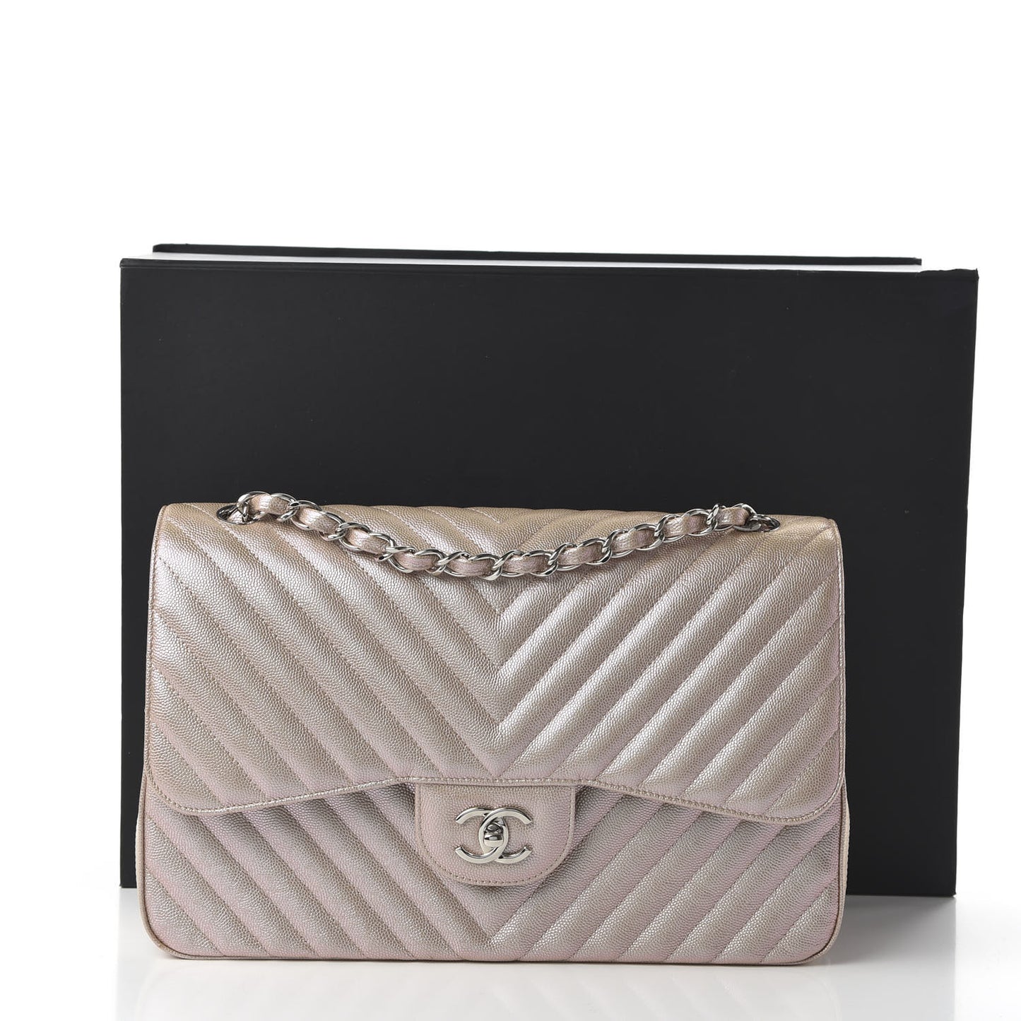 Metallic Caviar Chevron Quilted Jumbo Double Flap Light Gold