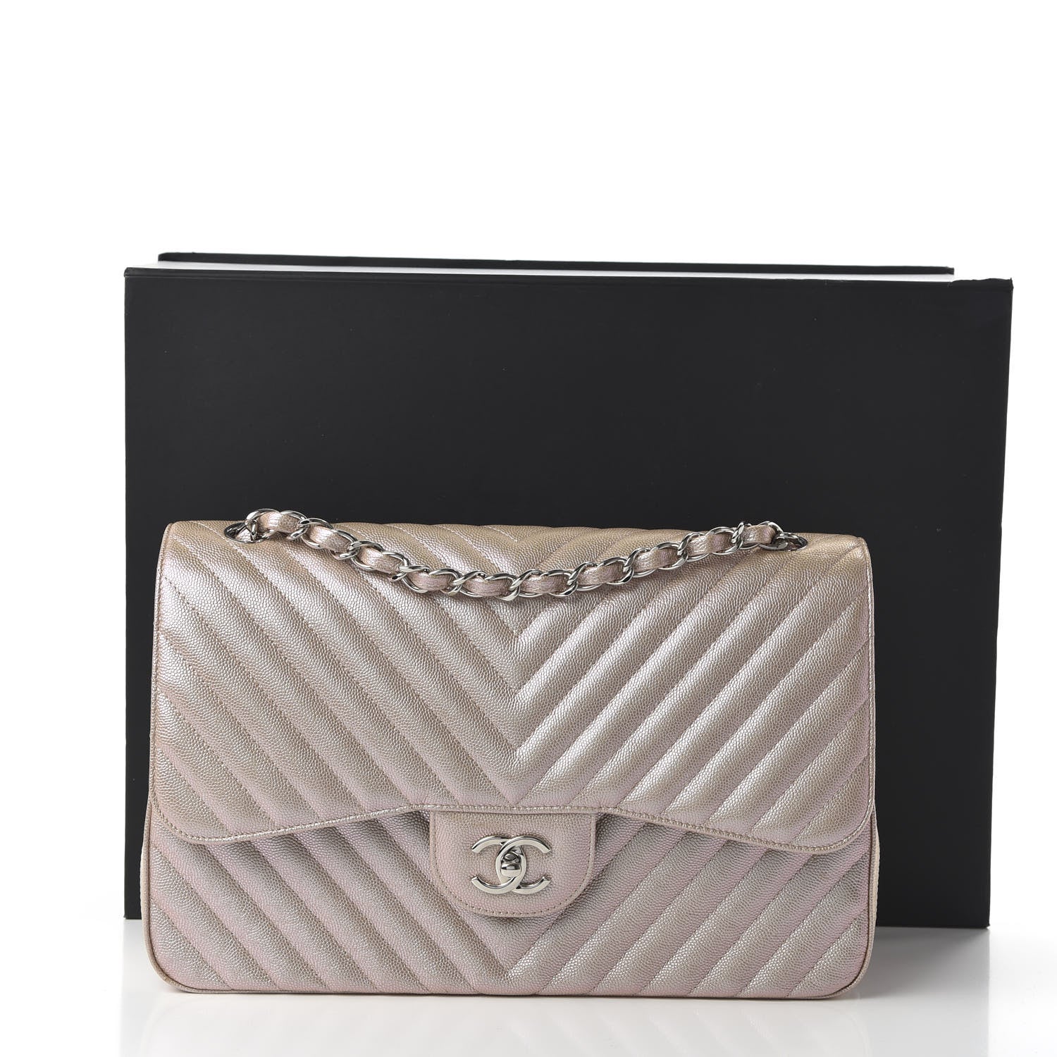 Chanel Metallic Caviar Chevron Quilted Jumbo Double Flap Light Gold 11 of 11