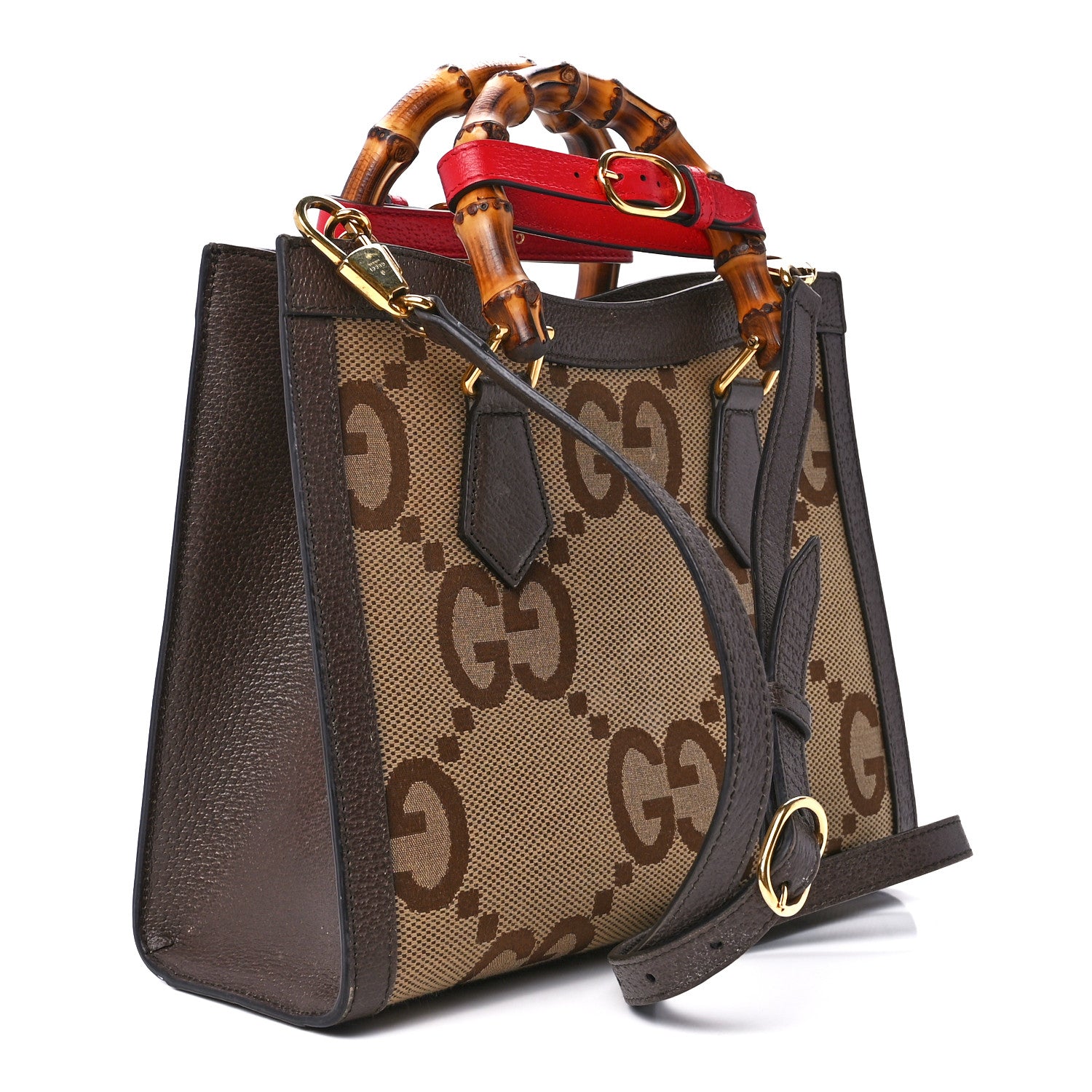 Gucci Monogram Jumbo GG Textured Dollar Calfskin Small Diana Tote Bag Camel Ebony New Acero Pomegranate Red 3 of 11