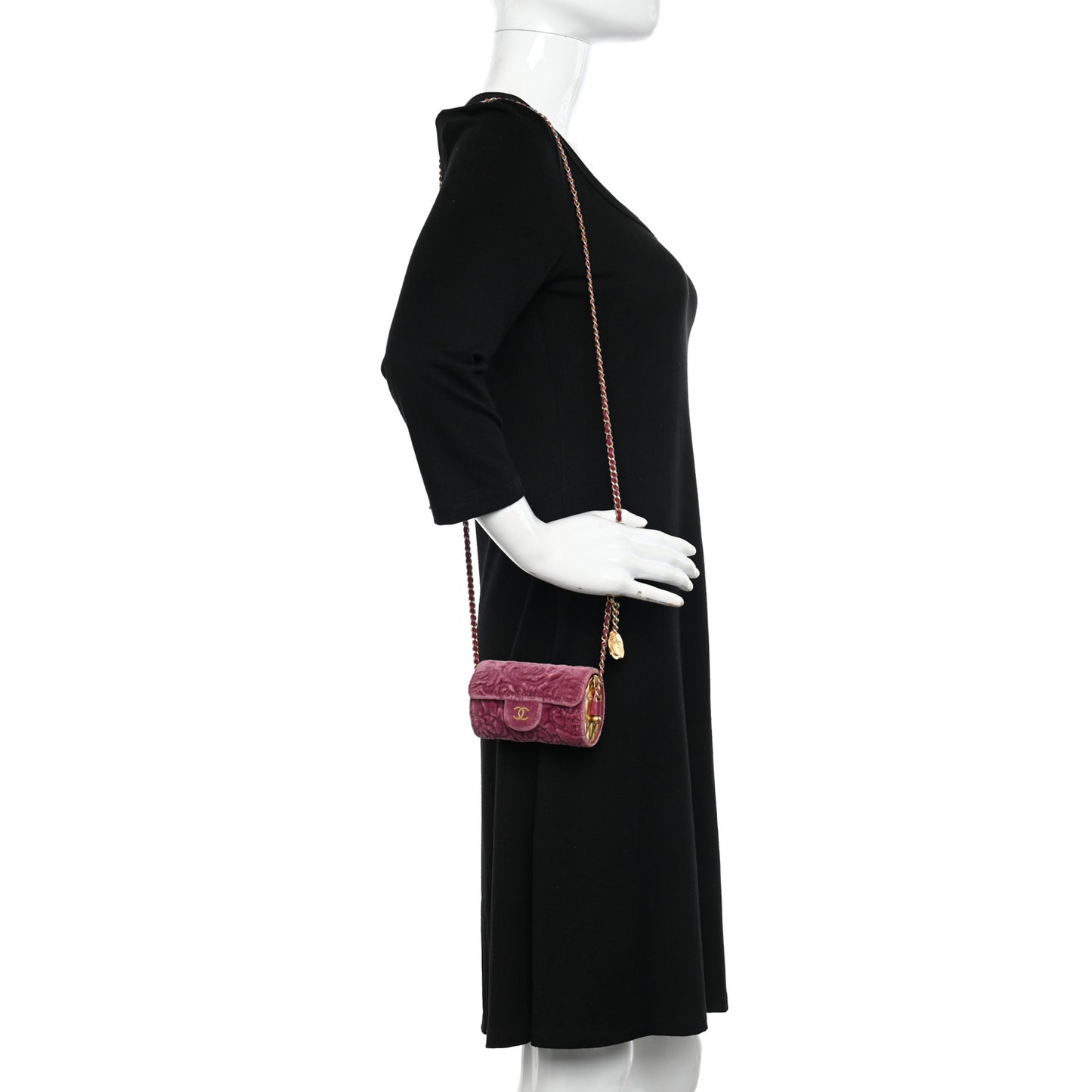 Velvet Camellia Embossed Jewel Belt Card Holder With Chain Pink