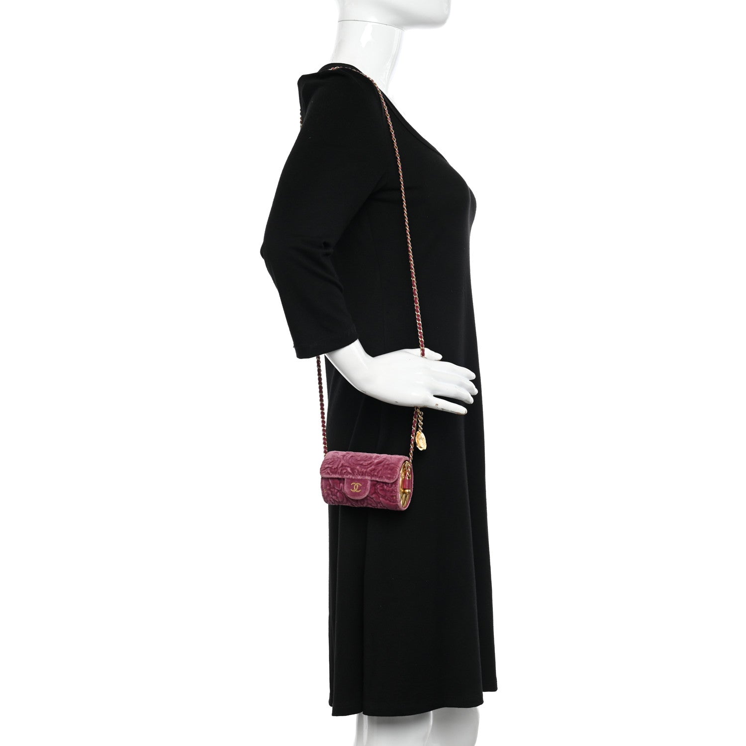 Chanel Velvet Camellia Embossed Jewel Belt Card Holder With Chain Pink 2 of 13