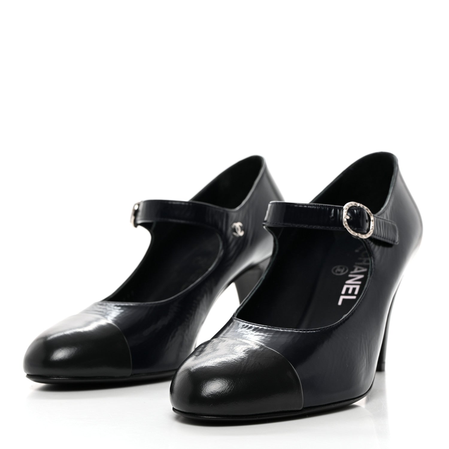 Chanel Shiny Goatskin Cap Toe Mary Jane Pumps 37 Navy Blue Dark Gray 3 of 9