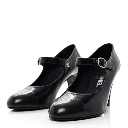 Chanel Shiny Goatskin Cap Toe Mary Jane Pumps 37 Navy Blue Dark Gray 3 of 9